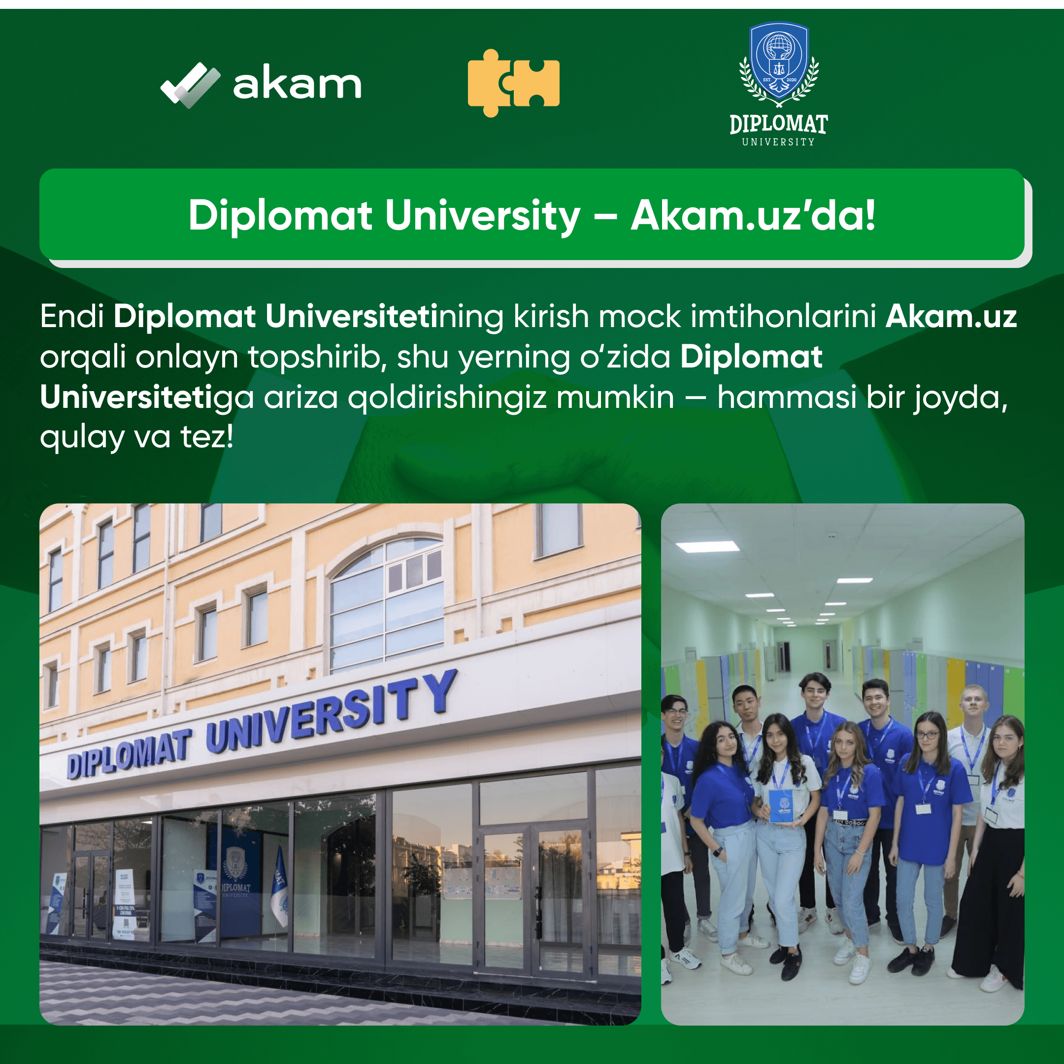 🎓 DIPLOMAT UNIVERSITY’ga kirish – endi akam.uz orqali tez, oson va qulay!